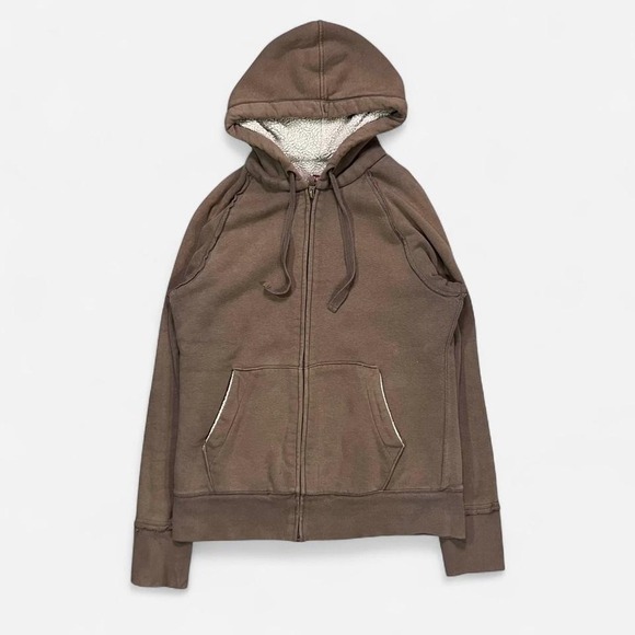 Merona Tops - Y2K Sherpa Lined Hoodie Grunge Indie Sleaze Punk Fur Brown Full Zip Size M